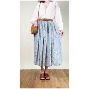 Vintage Butterfly Print Midi Maxi Skirt Pleated Romantic Whimsical Dainty Flowy